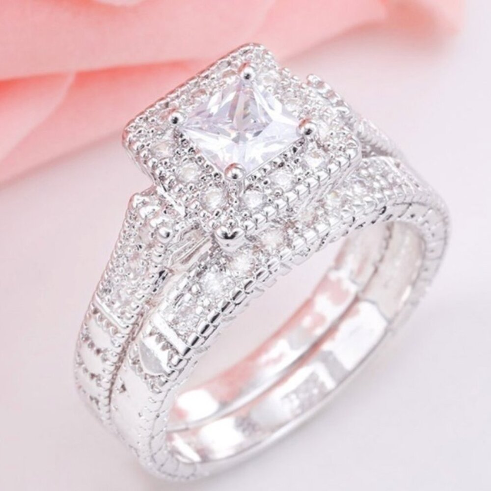 Women's White Zirconia Princess Cushioned Set on Sterling Silver Wedding Set